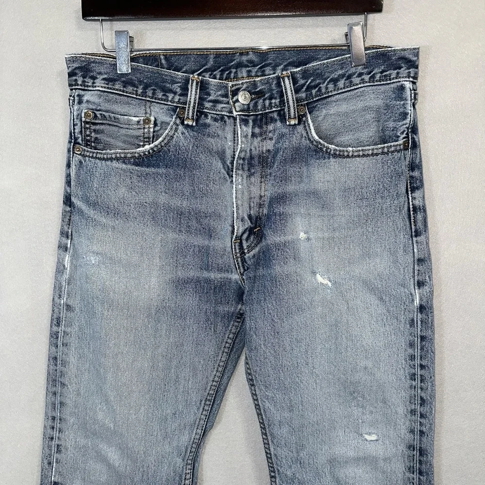 Levis 505 Jeans Mens Size 33x30 ( Fits 33x28) Blue Distressed Nice Fade Casual